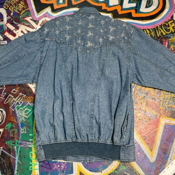 Vintage 80s Marsha Sport Embellished Denim Jacket w Shoulder Pads - Size Small - Picture 10 of 12